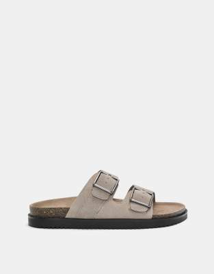 Pull&Bear leather flat slider sandals with buckle in ecru