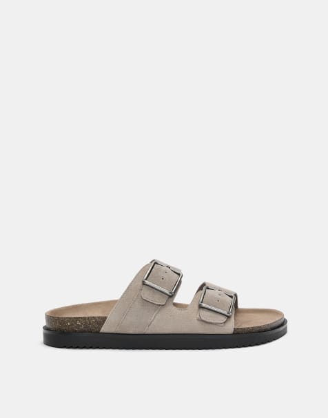 Pull&Bear leather flat slider sandals with buckle in ecru - view 1