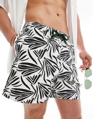Pull&Bear leaf printed swimshort in black and white