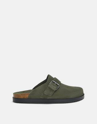 Pull&Bear – Leder-Clogs in Khaki mit Schnalle - view 1