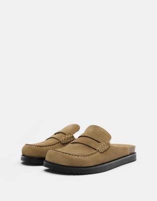 Pull & Bear - Leder-Clogs in Sandfarben-Bunt