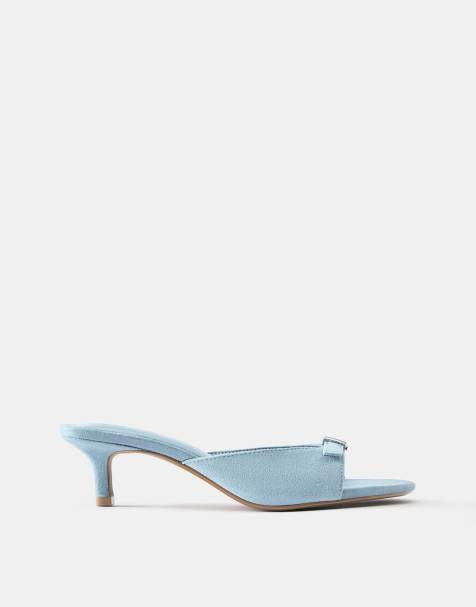 Pull&Bear Leder-Mules mit Schnalle und Absatz in Blau - view 1
