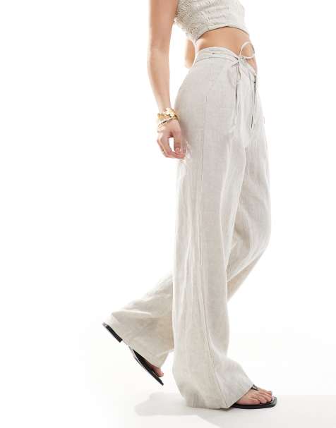 Pull&Bear – Leinen-Hose in Weiß mit Bindeband - view 1