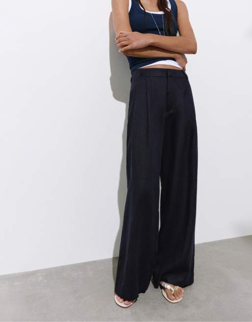 Pull&Bear – Leinenhose in Marineblau mit Bundfalten, 4 von 4