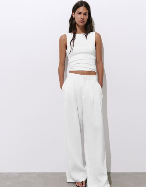 Pull&Bear – Leinenhose in Weiß mit Bundfalten, 4 von 4