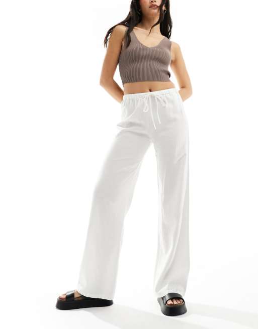 Pull&Bear – Leinenhose in Weiß mit hohem Bund