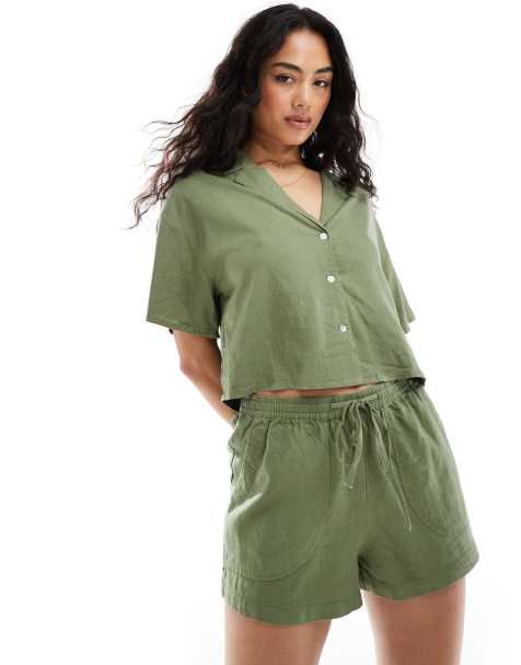 Pull&Bear – Leinenshorts in Khaki mit Kordelzug in der Taille, Kombiteil - view 1