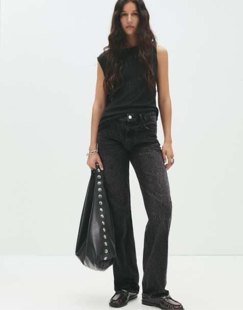 Pull&Bear Leopard print straight-leg jeans in black - view 1