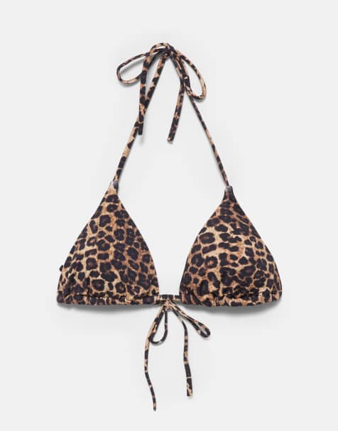 Pull&Bear Leopard print triangle bikini top in brown - view 1