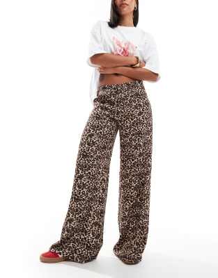 Pull & Bear Leopard Wide Leg Pants In Brown