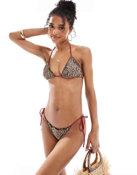 Pull&Bear – Leopardmönstrad bikiniunderdel med kontrastfärgad kant och knytning i sidan - view 1