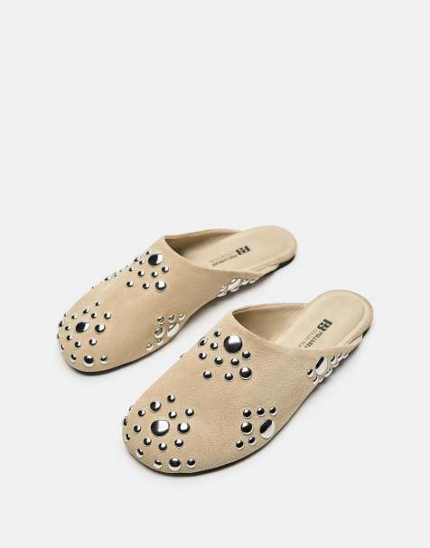 Pull&Bear - Leren muiltjes met studs in zandkleur - view 1