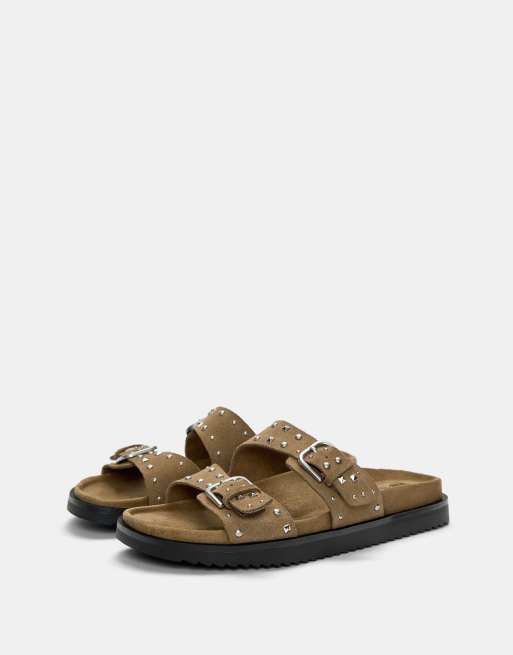 Pull&Bear - Leren sandalen met studs in bruin