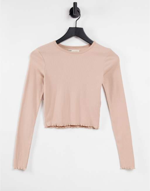 Pull&Bear lettuce edge long sleeve t-shirt in camel