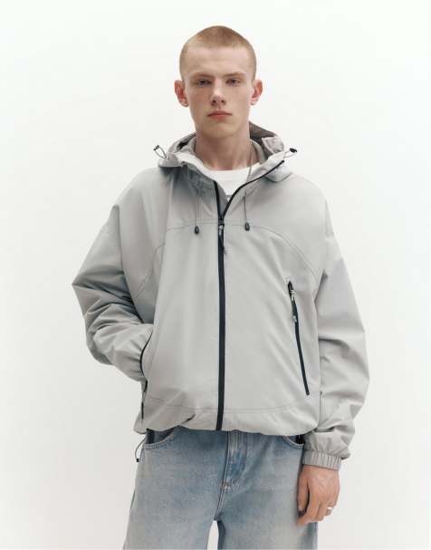 Pull&Bear - Lichtgewicht regenjas met capuchon in gemêleerd lichtgrijs - view 1