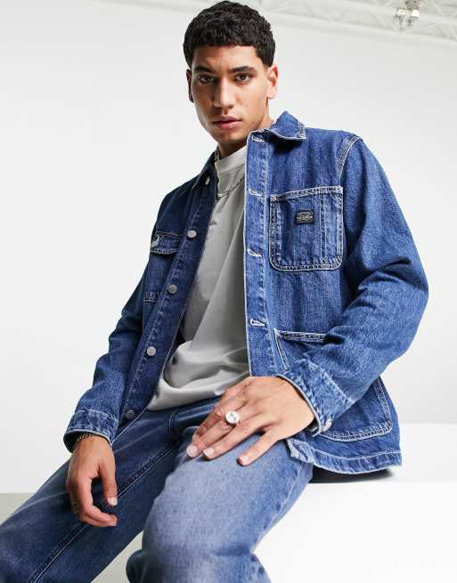 Pull&Bear light denim jacket with contrast stitch in blue | ASOS