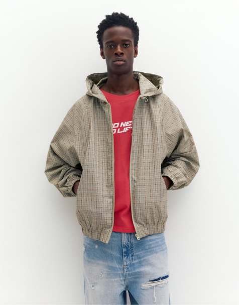 Pull&Bear Lightweight checked hooded raincoat in ochre - view 1