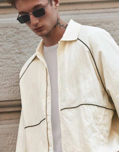 Pull&Bear Lightweight contrast stitch jacket in off white - view 1