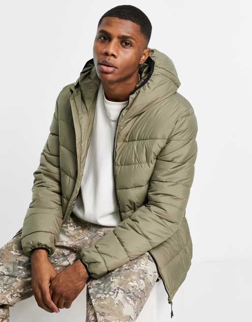 Pull&Bear lightweight hooded puffer in khaki | ASOS