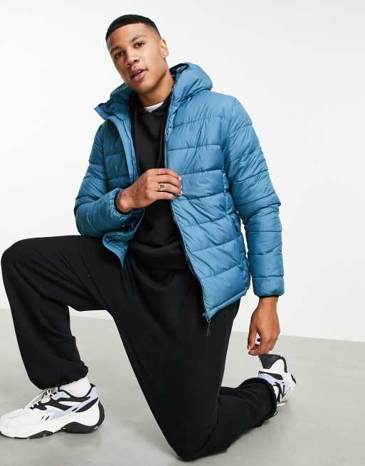 Pull&Bear lightweight hooded puffer in navy | ASOS