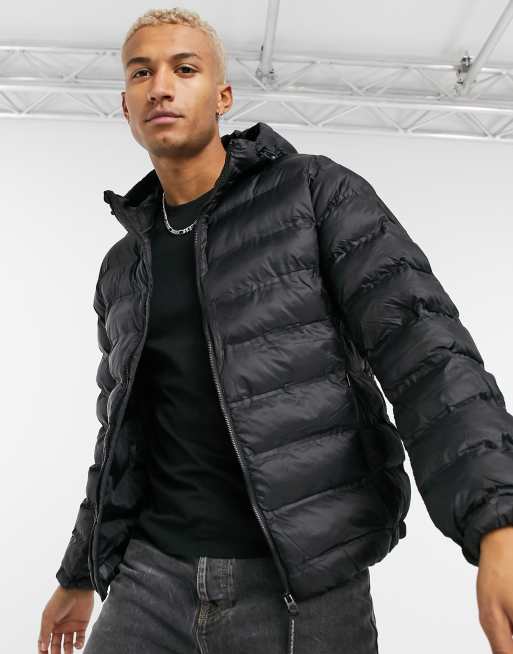 Pull&Bear lightweight padded jacket in black with hood | ASOS