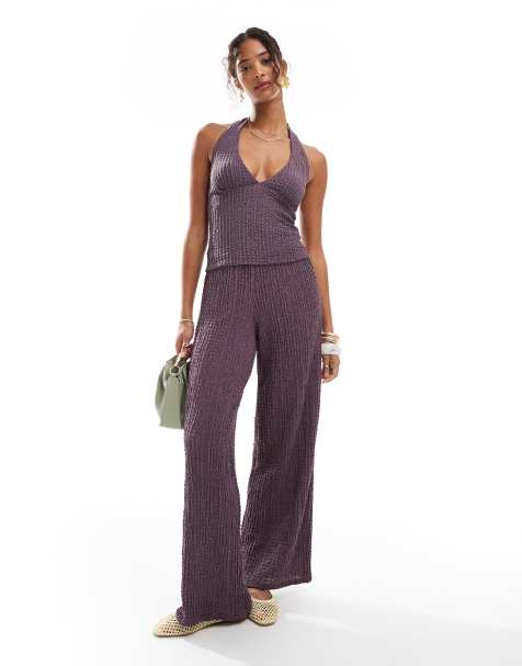 Pull&Bear – Lila, texturerade byxor med vida ben, del av set - view 1