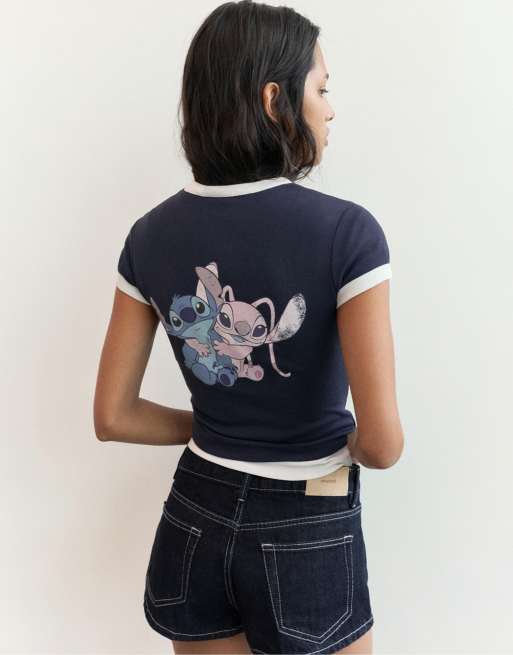 Pull&Bear Lilo & Stitch regular T-shirt i navy, 4 af 7