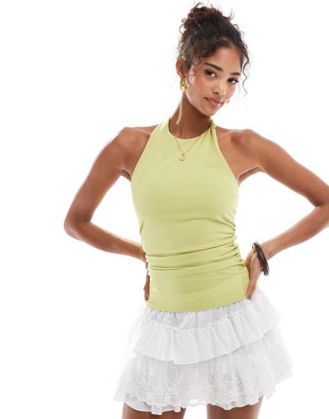 Pull&Bear – Limonkowy top z dekoltem halter i węzłem - view 1