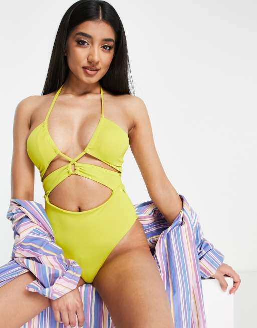 Pull&Bear – Limonkowy wysoko wycięty kostium kąpielowy z dekoltem typu halter i wycięciami