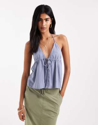 linen blend halterneck top in blue