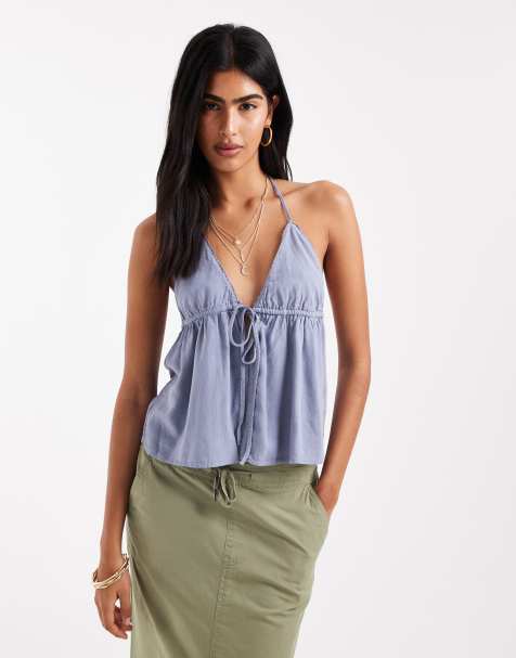 Pull&Bear linen blend halterneck top in blue - view 1