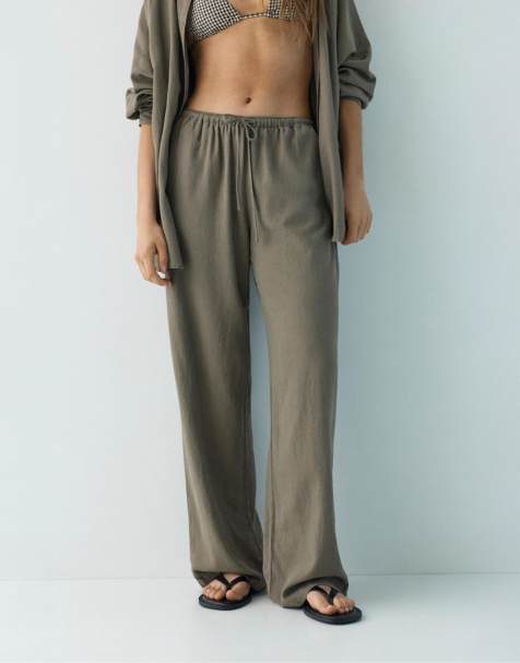 Pull&Bear linen blend jogger trousers in mole brown - view 1