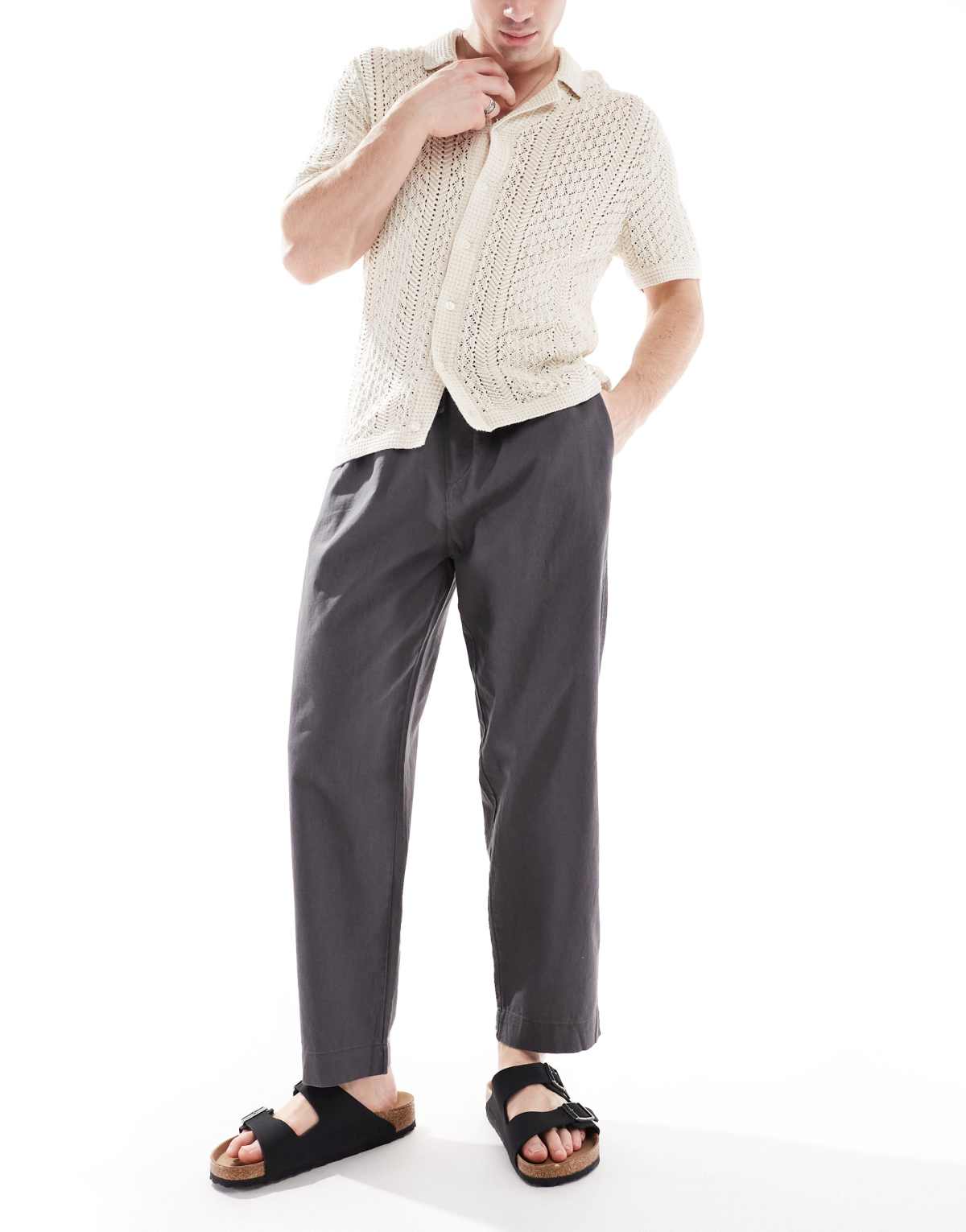 Pull&Bear linen blend joggers in anthracite grey