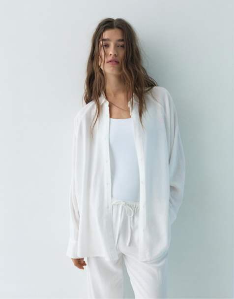 Pull&Bear linen blend long sleeve shirt in white - view 1