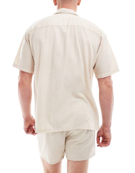 Pull&Bear linen blend revere neck shirt in sand, 3 of 4