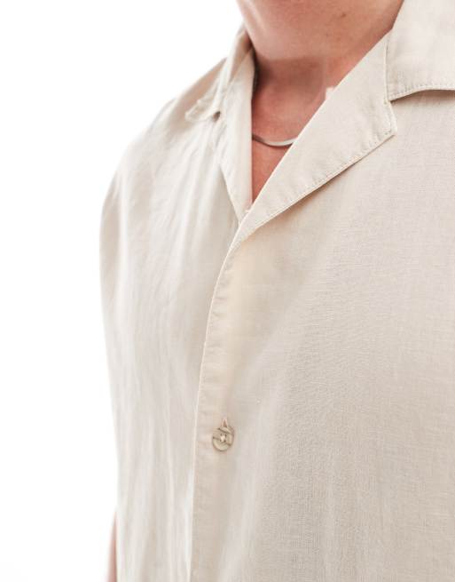 Pull&Bear linen blend revere neck shirt in sand, 4 of 4