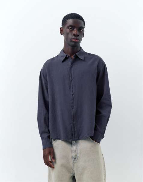 Pull&Bear Linen blend shirt in dark blue - view 1