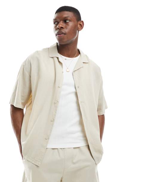 Pull&Bear linen blend short sleeve shirt in beige