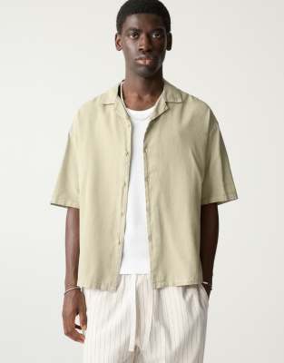 Pull & Bear Linen Blend Short Sleeve Shirt In Green