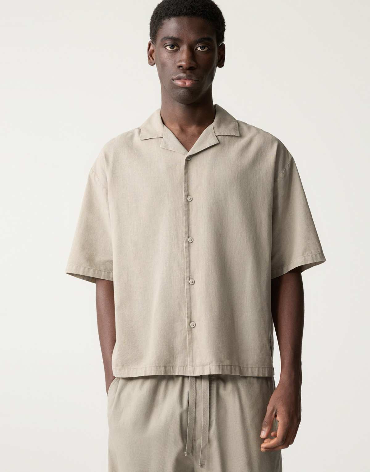 Pull&Bear linen blend short sleeve shirt in ochre