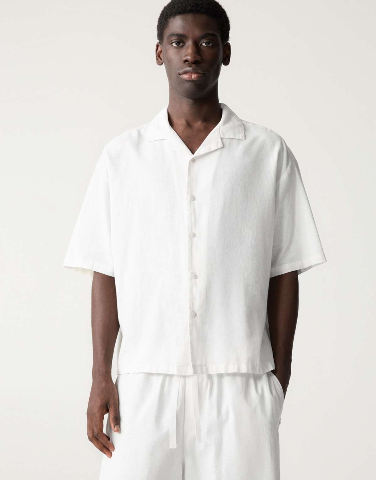 Pull&Bear linen blend short sleeve shirt in off white