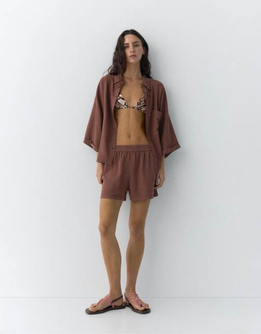 Pull&Bear Linen blend shorts in brown, 4 of 4