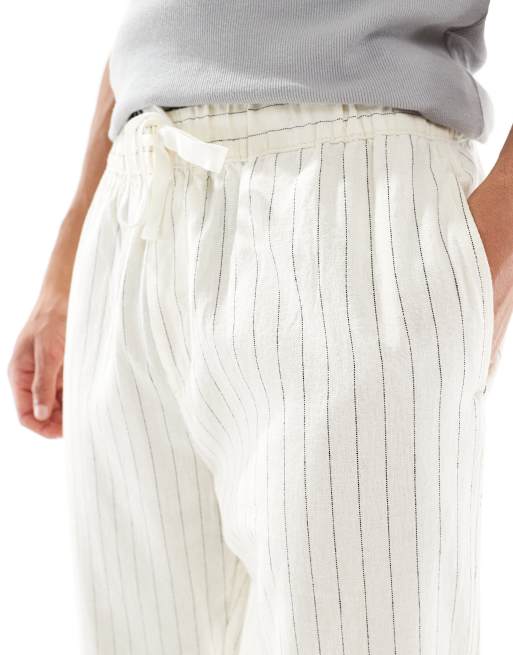 Pull&Bear linen blend striped pants in ecru