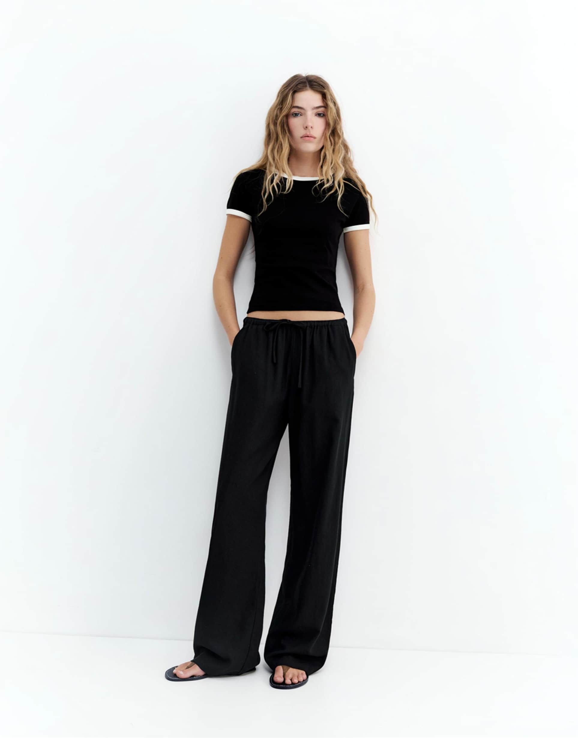Pull&Bear linen blend trousers in black