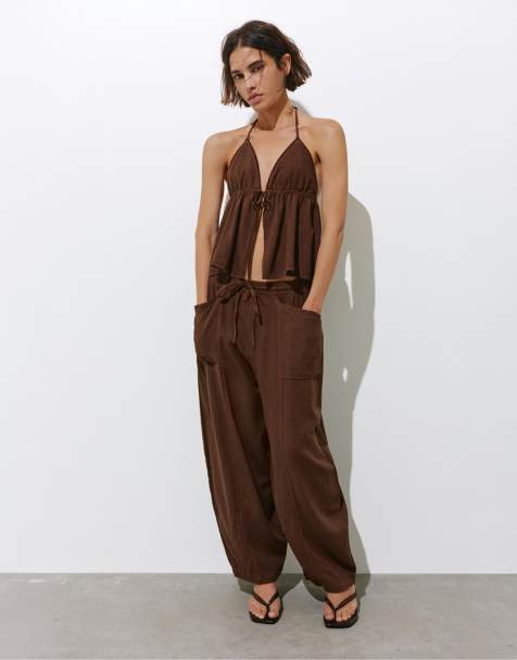 Pull&Bear Linen blend trousers in chocolate
