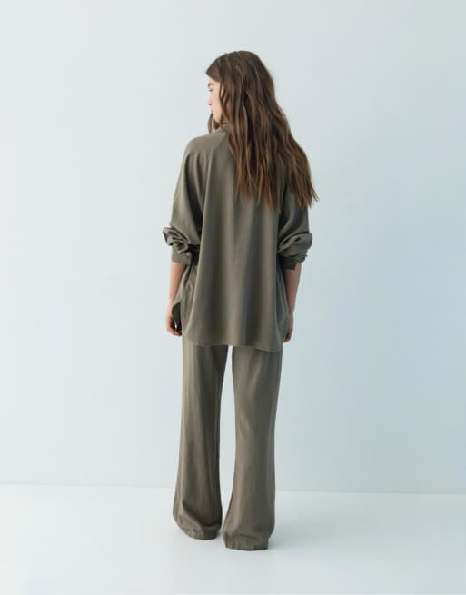 Pull&Bear linen blend trousers in mole brown, 2 of 4