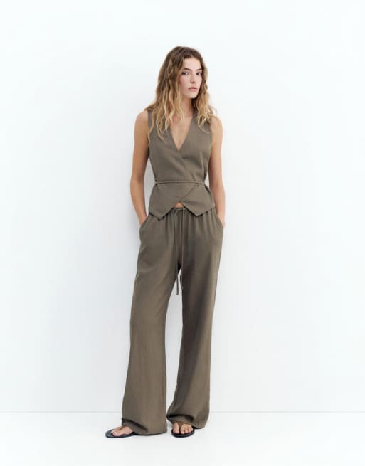 Pull&Bear linen blend trousers in mole brown, 4 of 4
