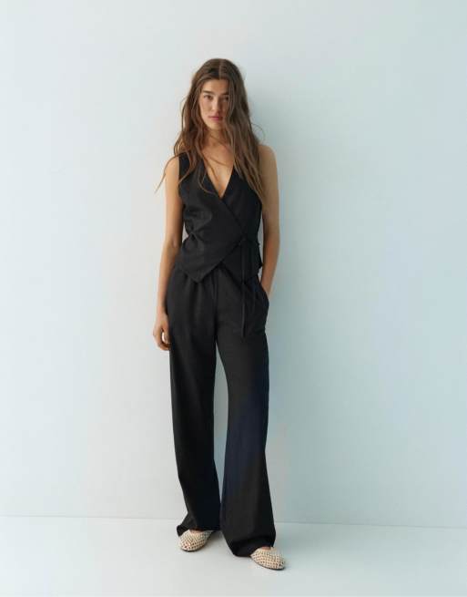 Pull&Bear linen blend vest with side tie fastening in black, 6 of 7