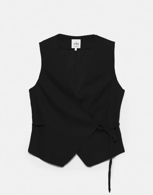 Pull&Bear linen blend vest with side tie fastening in black, 7 of 7