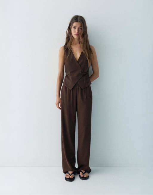 Pull&Bear linen blend vest with side tie fastening in brown, 7 of 7